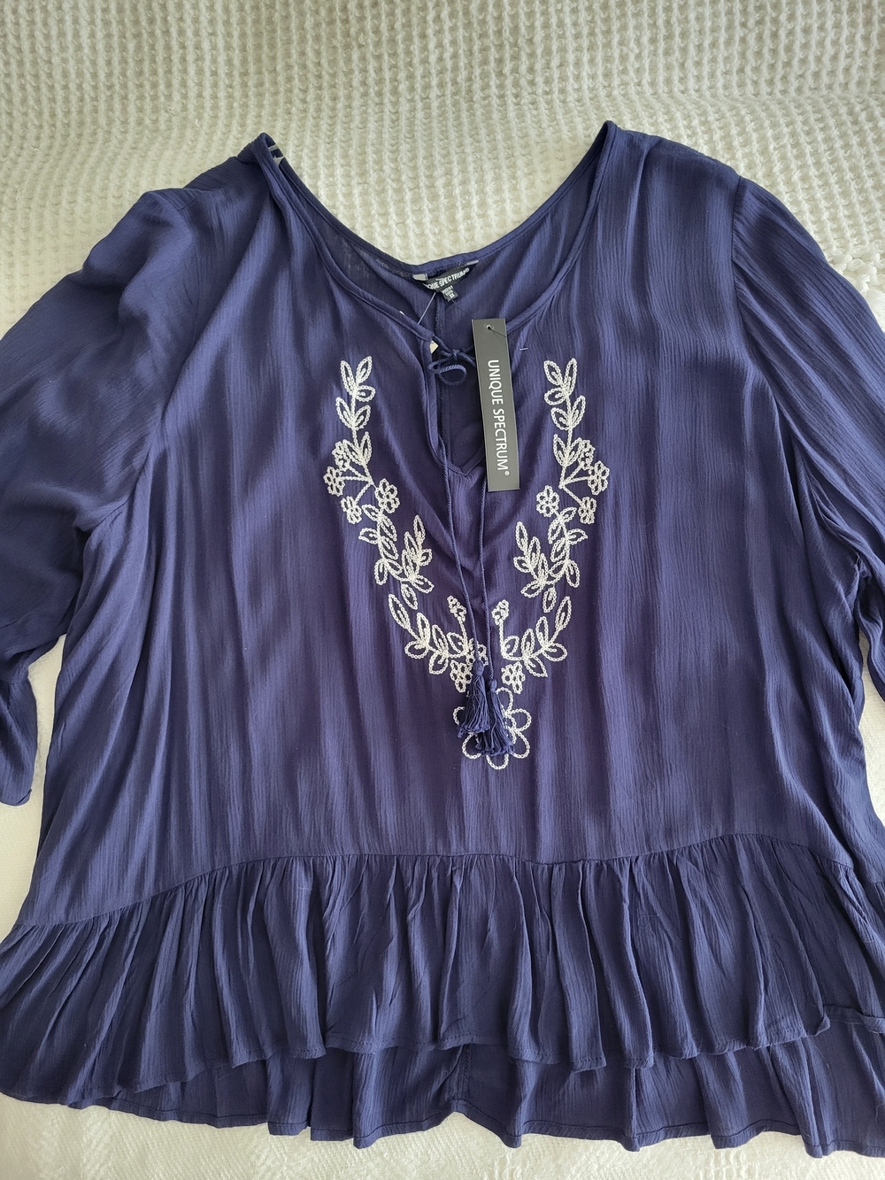 Unique Spectrum Navy Embroidered Peasant Tunic with Tassel Tie